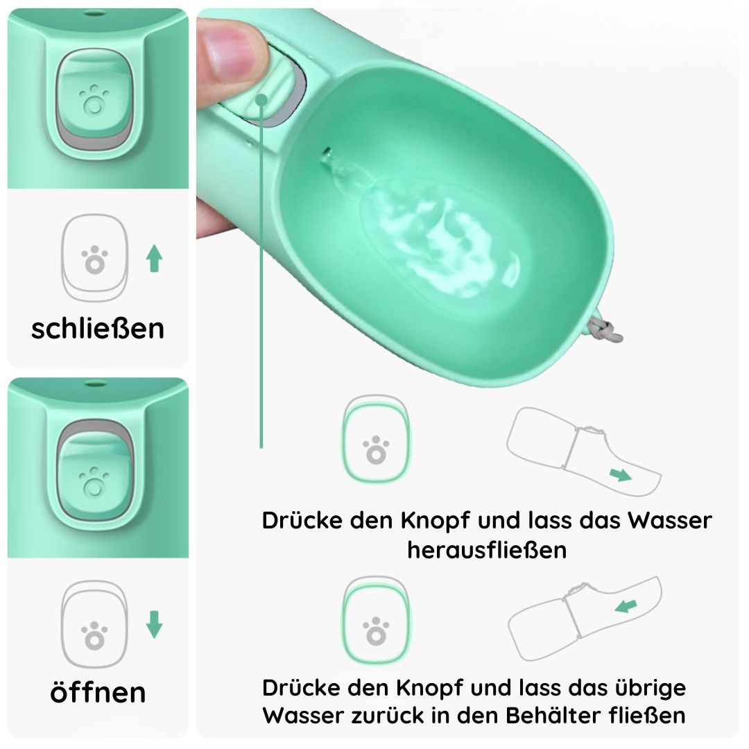 WauWelt - Hunde Trinkflasche mit Rücklauf-Funktion